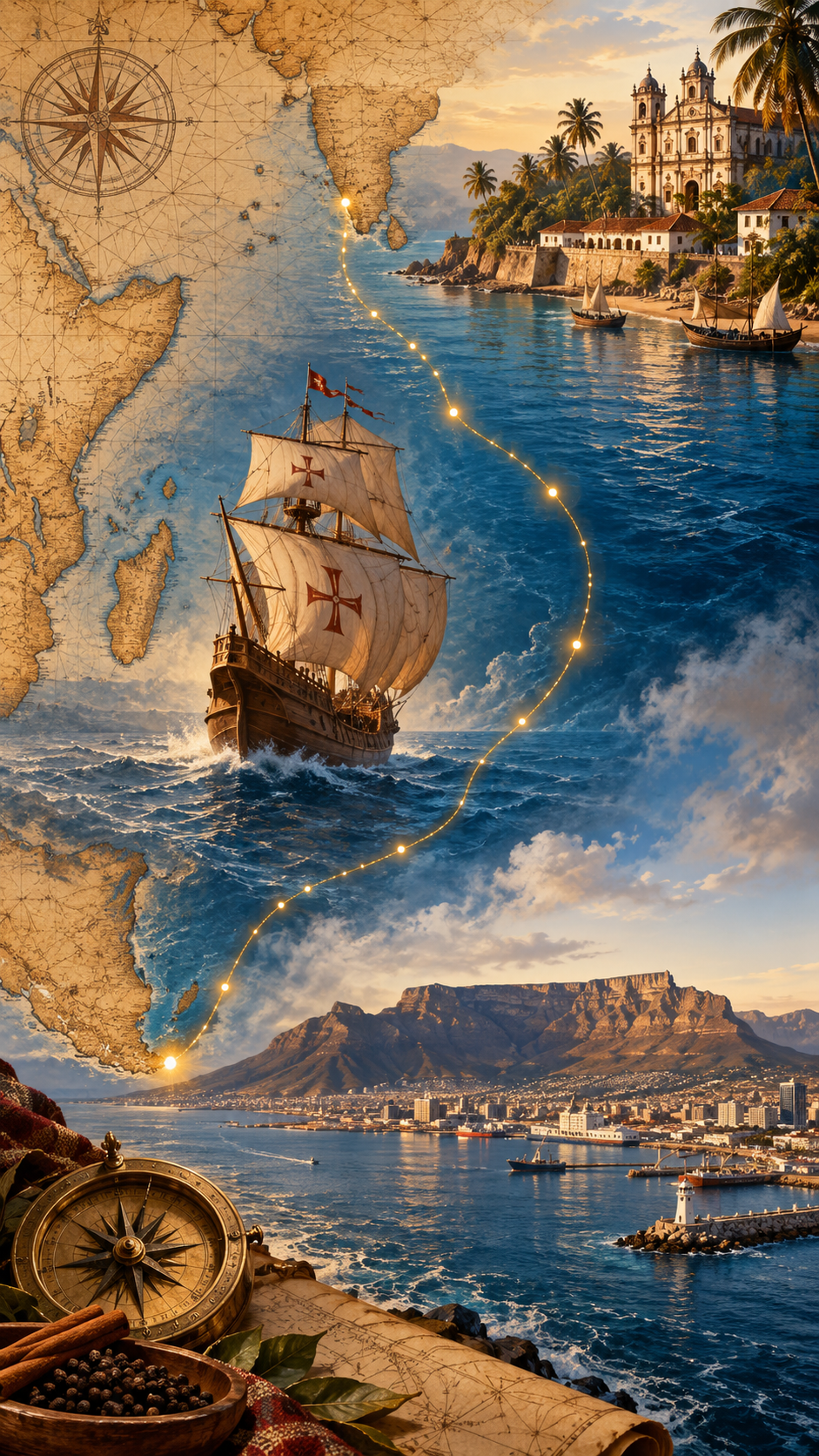 Imaginative maritime artwork with a sailing ship, ocean, old maps and Table Mountain
