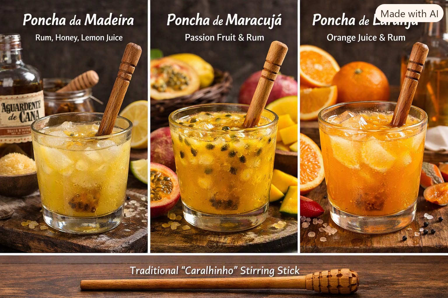 Illustration of poncha ingredients and a traditional mixing tool