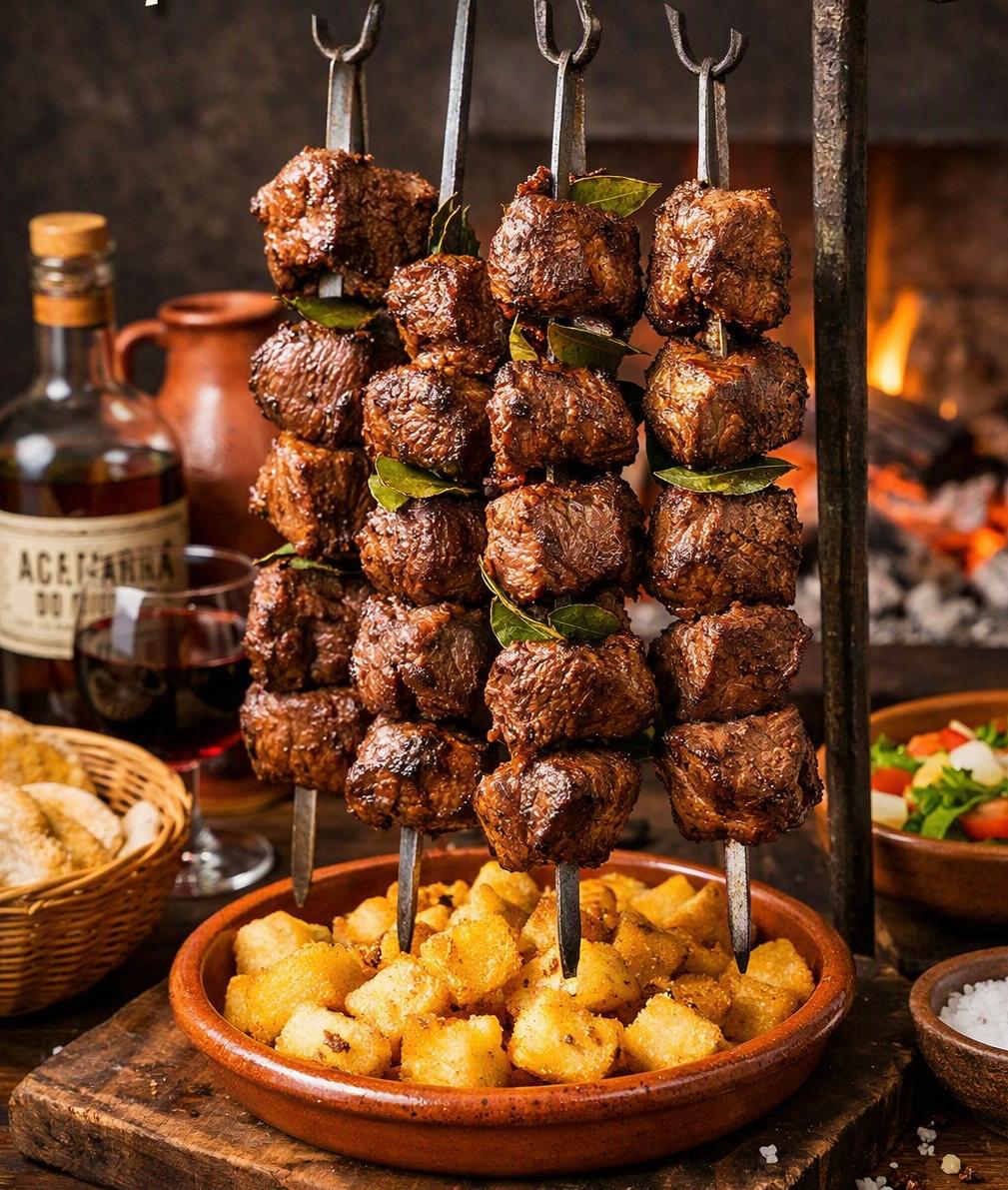 Espetada skewers and golden milho frito at a Madeira-inspired table