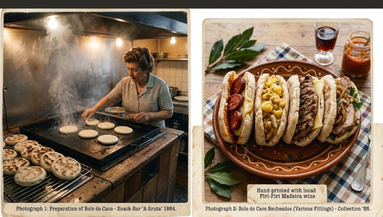 Paired scenes of bolo do caco on a griddle and filled breads