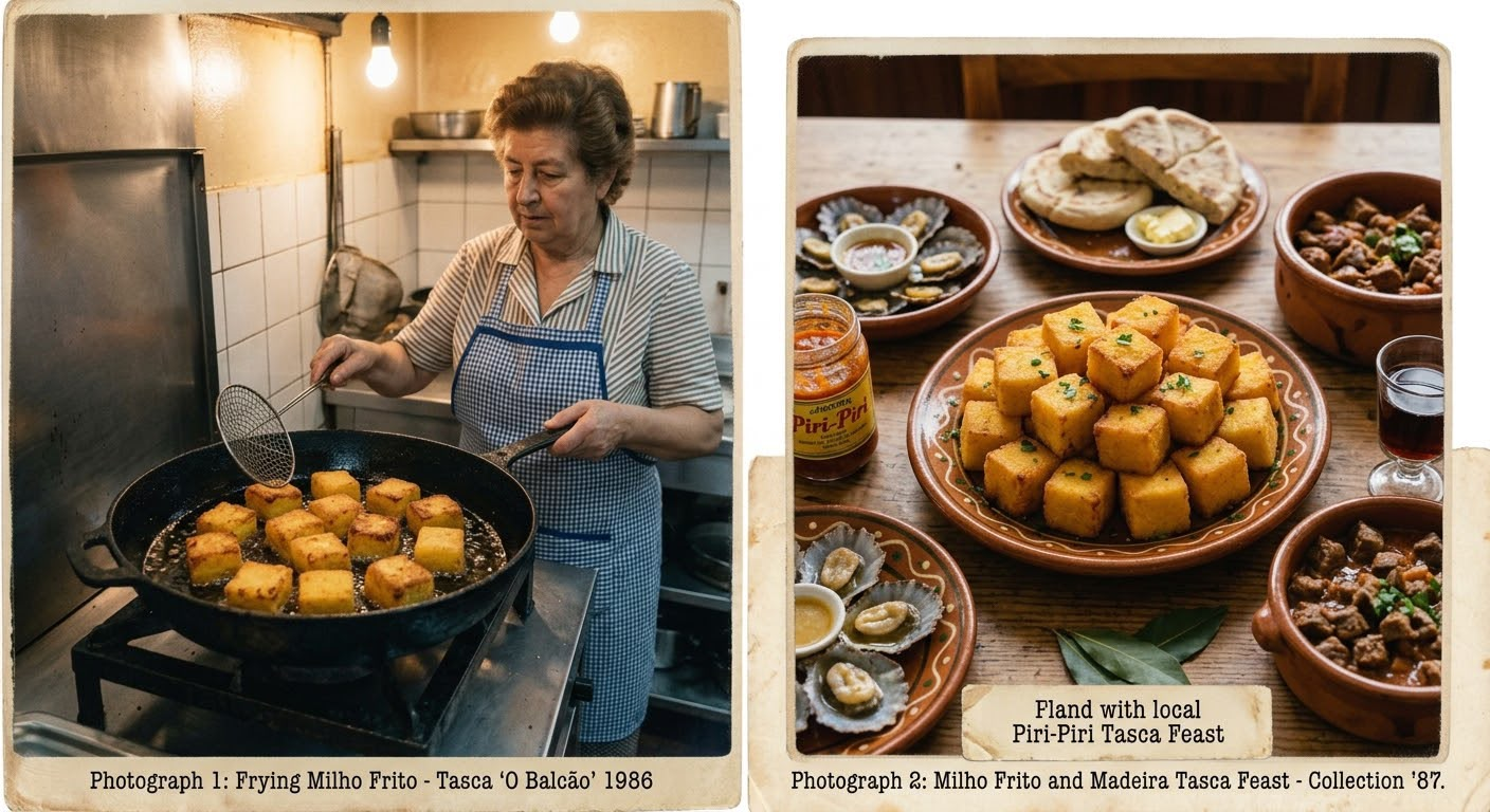Paired scenes of milho frito cooking and served at the table