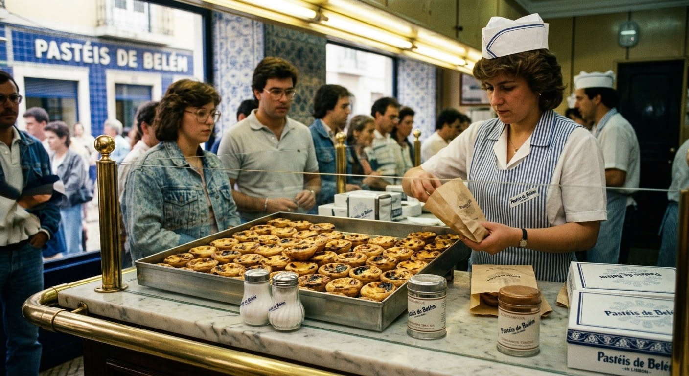 Busy bakery counter with Portuguese custard tarts