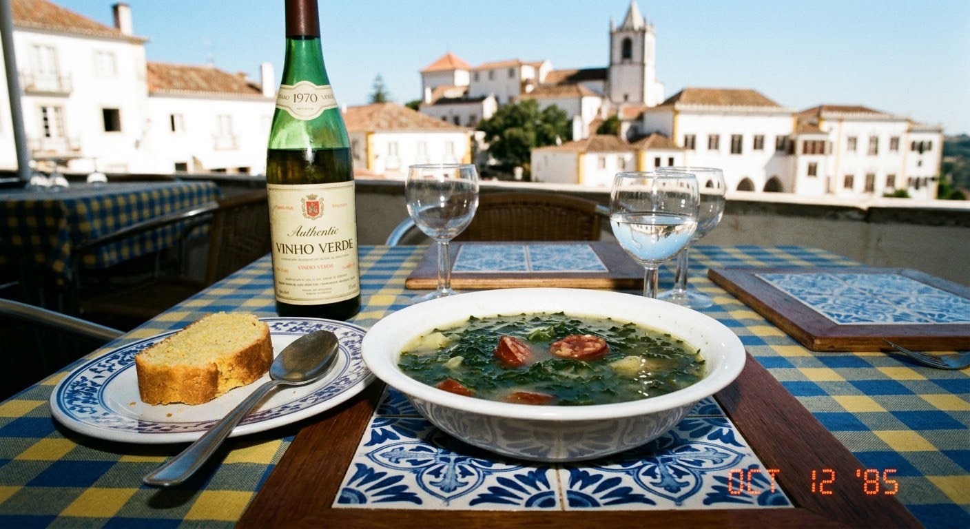 Soup with greens and chouriço on a Portuguese table.