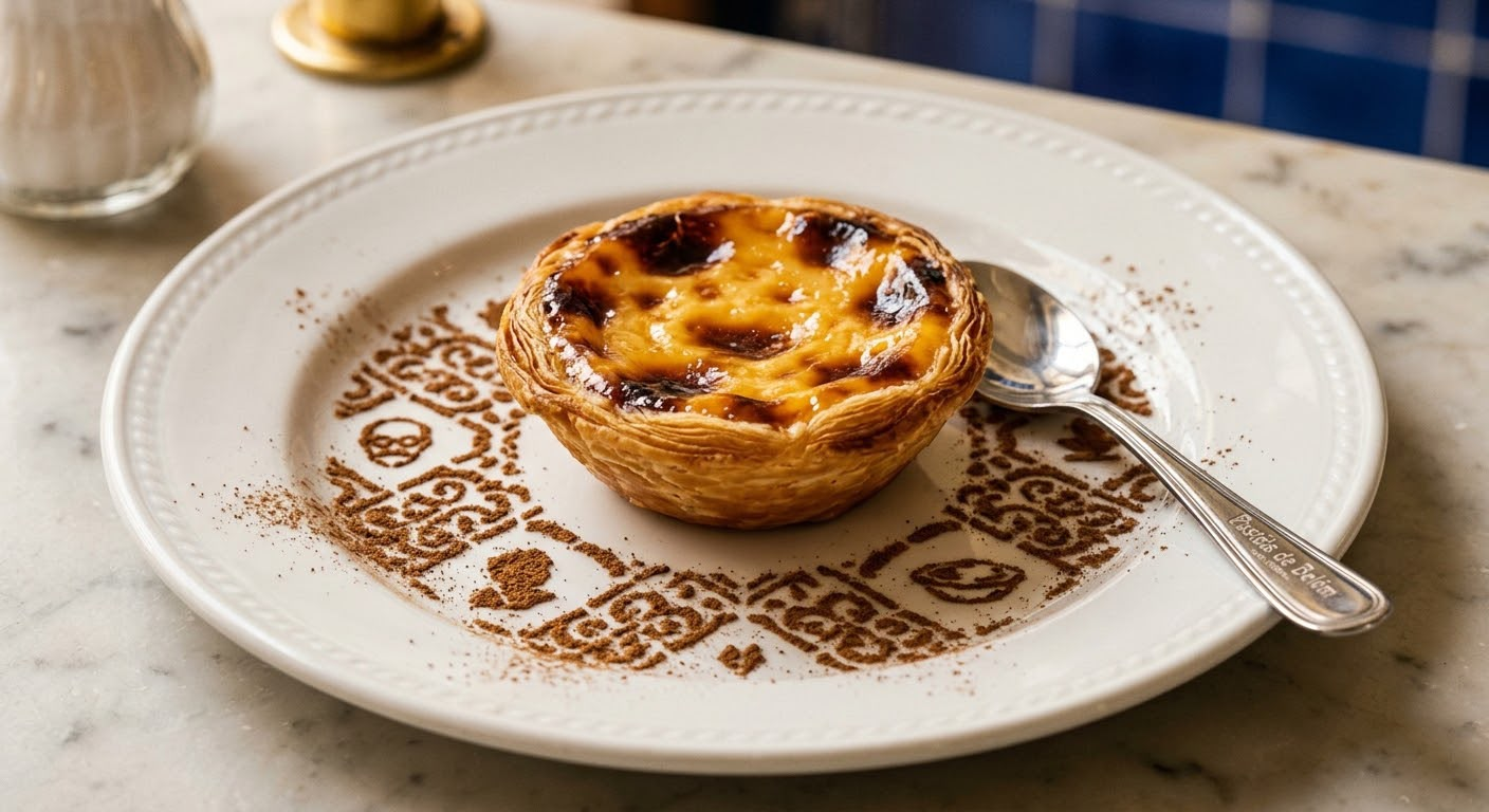 Pastel de nata served with a spoon and coffee.