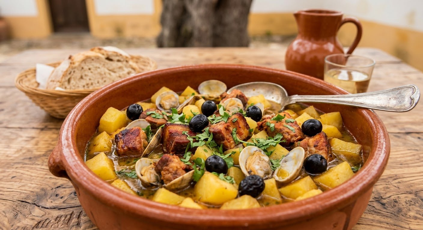Rustic pork and clam dish with potatoes.