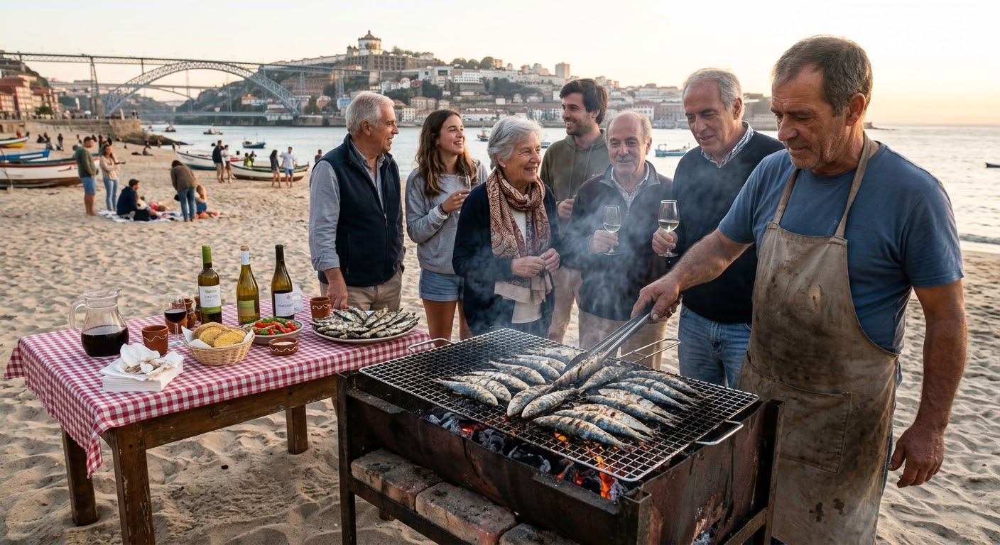 Sardines grilling over charcoal beside the sea