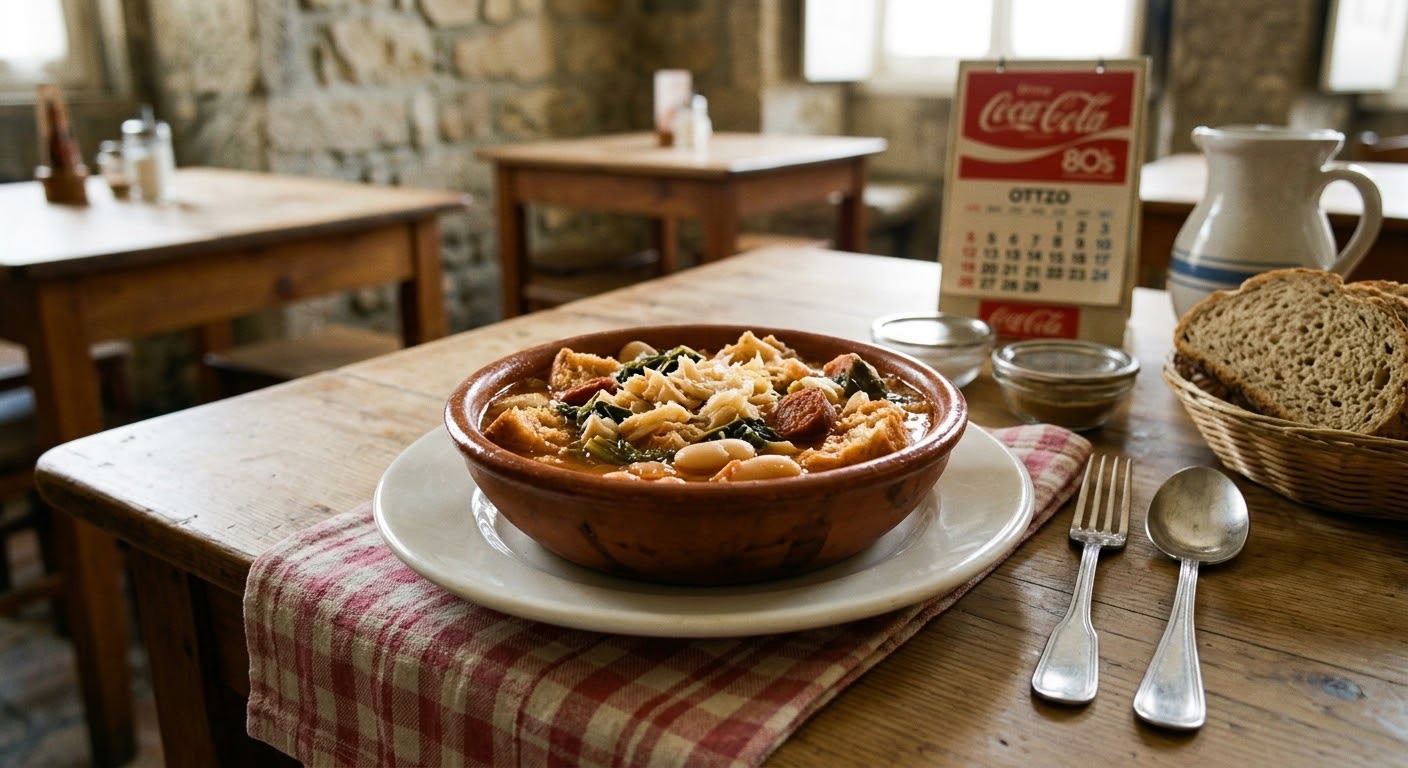 Rustic dish on a table in an old-style Portuguese café; exact dish identification unconfirmed